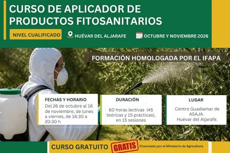 Foto anuncio inscripción para su nuevo curso gratuito de aplicador de fitosanitarios en Huévar del Aljarafe
